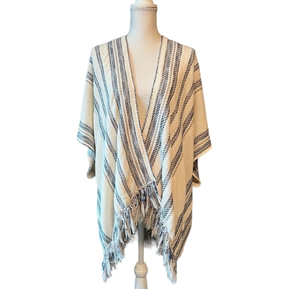 LUCKY BRAND WOMENS CREAND BLUE STRIPED PONCHO
